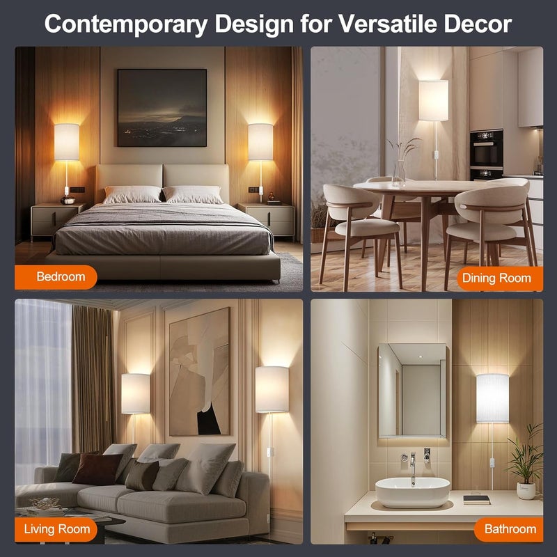 Yunaking Plug in Wall Sconces Set of Two: Wall Lights with On/Off Switch - Stepless Color Temperature Wall Mount Lamps - Fabric Linen Wall Sconce for Bedroom Living Room & Hallway- Indoor Corded Wall Sconces - Image 4
